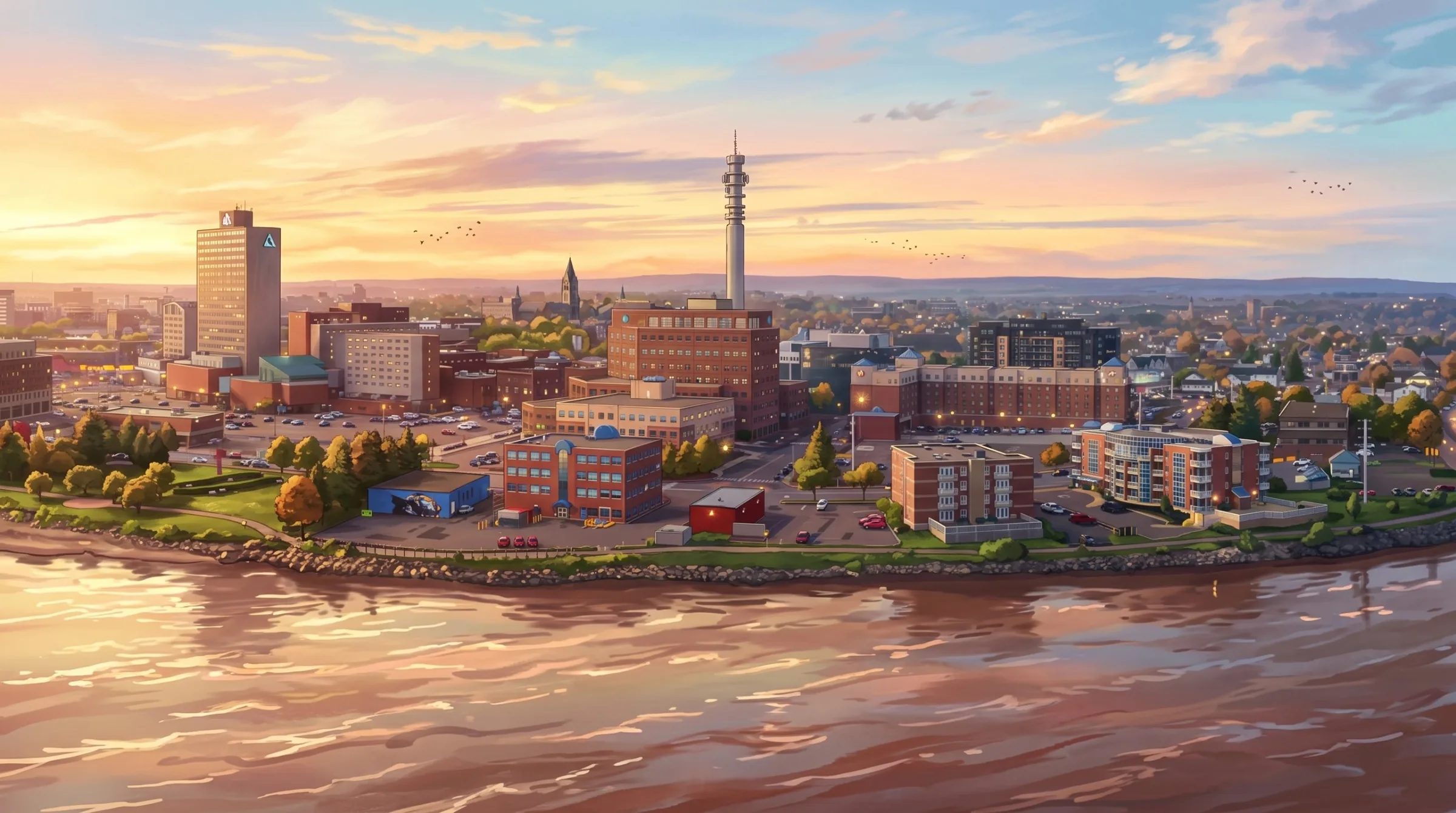 Illustrated city skyline on the river at sunset